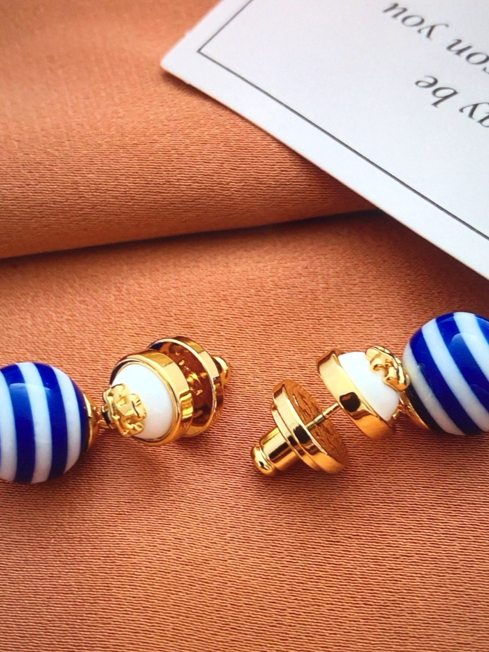 Tory Burch Blue & White Striped Drop Earrings with Gold Accents - Picture 4 of 5